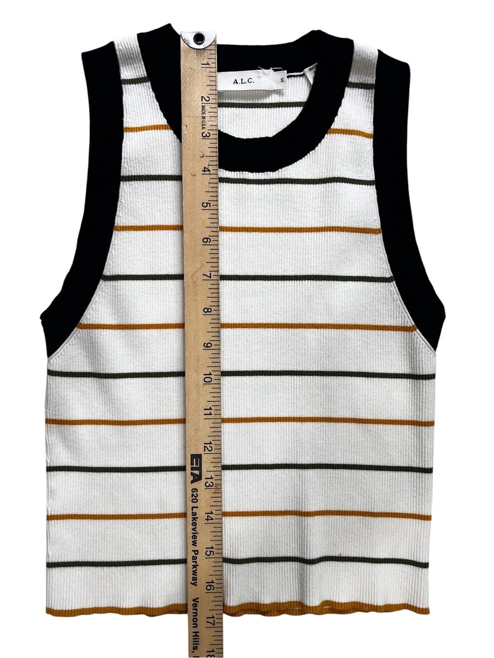 A.L.C. Rita Striped Rib Knit White Olive Mustard Crop Tank Top Size Small - Picture 8 of 8